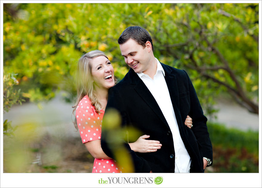 Rancho Santa Fe engagement session, San Diego engagement session, polka dot engagement session, orchard engagement session, engagement session with lemons, pink engagement session, Rancho Santa Fe Inn engagement session