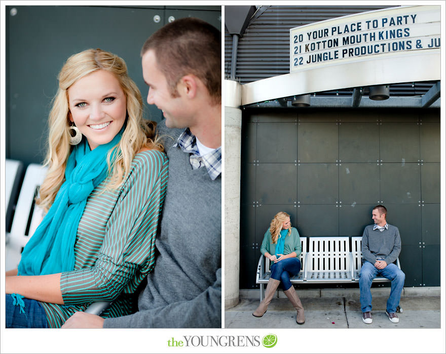 San Diego engagement session, Solana Beach engagement session, beach engagement session, Cedros avenue engagement sesssion, wedding date banner, wedding scrapbook photo, urban engagement session, picnic engagement session, champagne engagement session