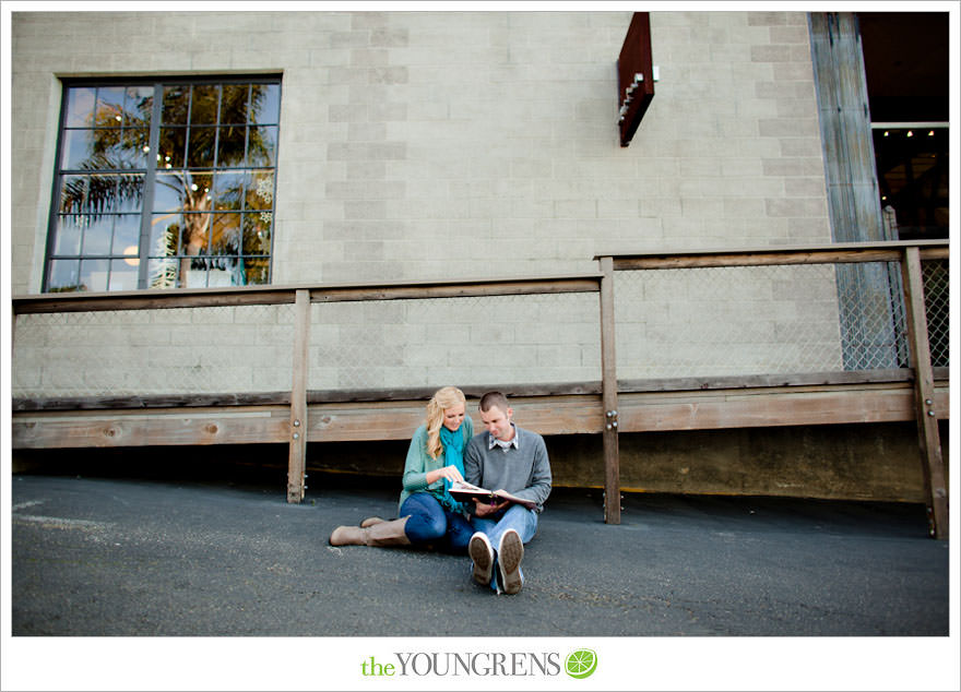 San Diego engagement session, Solana Beach engagement session, beach engagement session, Cedros avenue engagement sesssion, wedding date banner, wedding scrapbook photo, urban engagement session, picnic engagement session, champagne engagement session