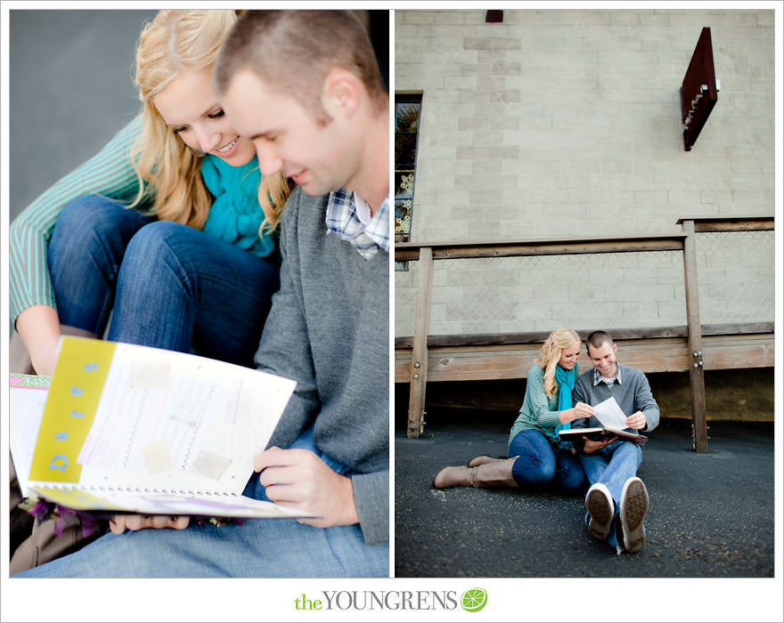 San Diego engagement session, Solana Beach engagement session, beach engagement session, Cedros avenue engagement sesssion, wedding date banner, wedding scrapbook photo, urban engagement session, picnic engagement session, champagne engagement session