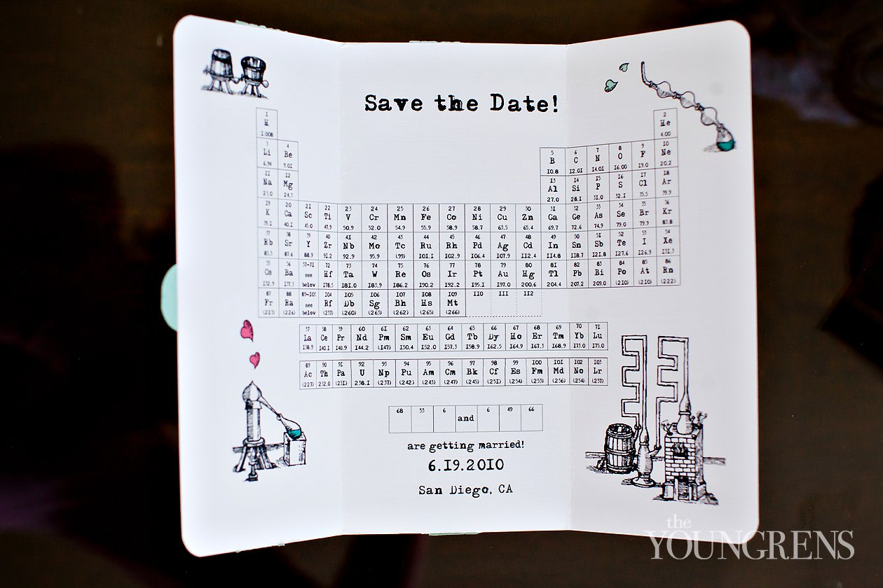 wedding invitations, san diego wedding invitations, creative wedding invitations, science themed invitations, science themed save the dates