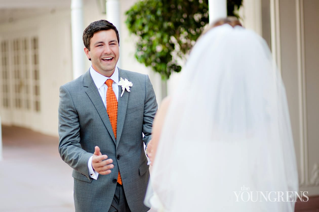 Hotel Del Coronado wedding, Crown Room reception at the Hotel Del Coronado, Windsor Lawn wedding at the Hotel Del Coronado, Karen Tran reception, Karen Tran wedding, Emily Smiley wedding, orange flower wedding, teal wedding, ballroom wedding, Platinum Pro dance floor, wedding with lounge furniture, wedding with sushi, Fab Cakes wedding