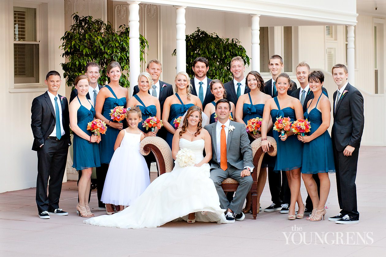 Hotel Del Coronado wedding, Crown Room reception at the Hotel Del Coronado, Windsor Lawn wedding at the Hotel Del Coronado, Karen Tran reception, Karen Tran wedding, Emily Smiley wedding, orange flower wedding, teal wedding, ballroom wedding, Platinum Pro dance floor, wedding with lounge furniture, wedding with sushi, Fab Cakes wedding