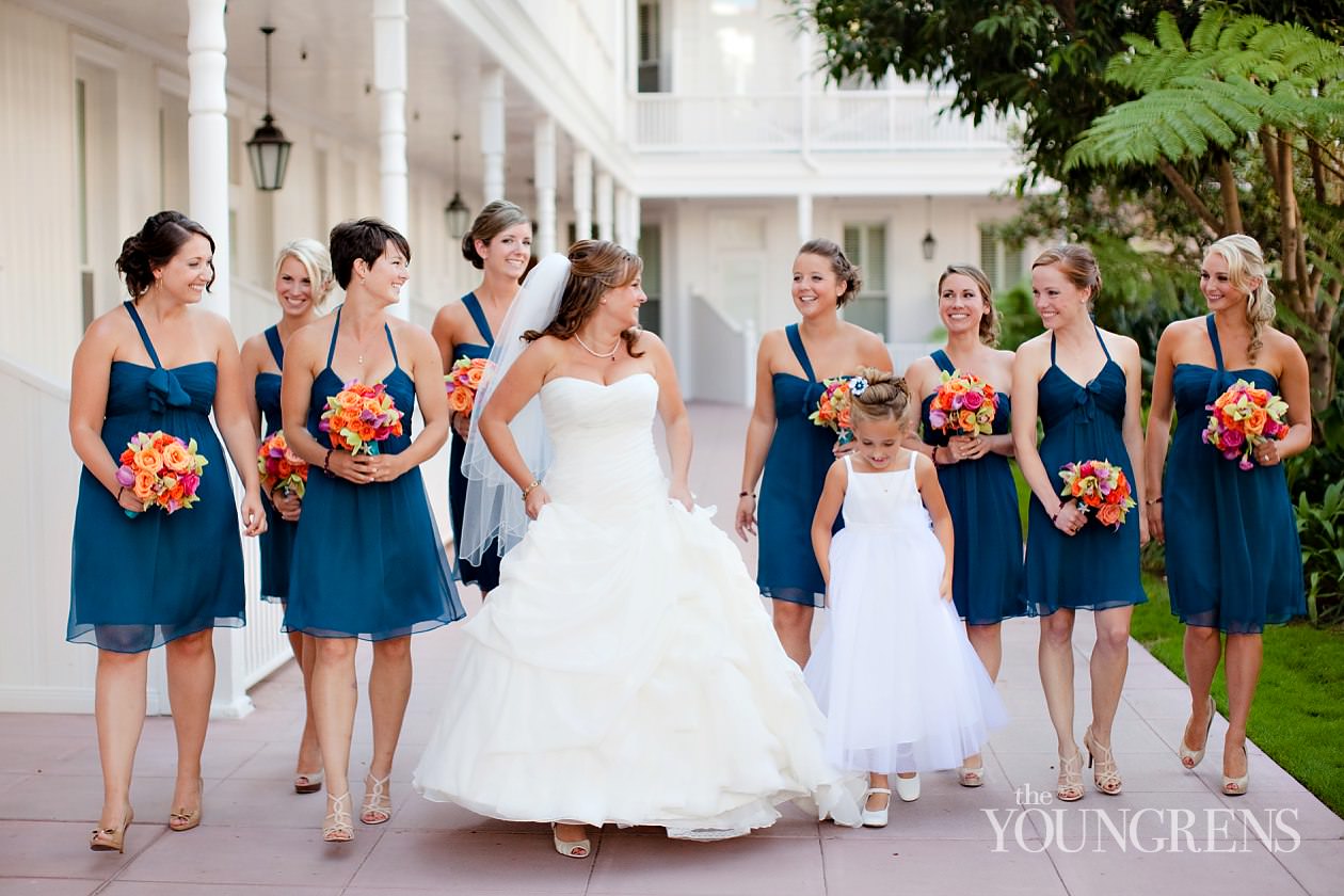 Hotel Del Coronado wedding, Crown Room reception at the Hotel Del Coronado, Windsor Lawn wedding at the Hotel Del Coronado, Karen Tran reception, Karen Tran wedding, Emily Smiley wedding, orange flower wedding, teal wedding, ballroom wedding, Platinum Pro dance floor, wedding with lounge furniture, wedding with sushi, Fab Cakes wedding