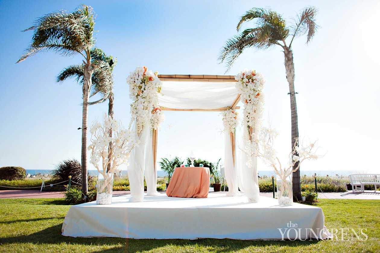 Hotel Del Coronado wedding, Crown Room reception at the Hotel Del Coronado, Windsor Lawn wedding at the Hotel Del Coronado, Karen Tran reception, Karen Tran wedding, Emily Smiley wedding, orange flower wedding, teal wedding, ballroom wedding, Platinum Pro dance floor, wedding with lounge furniture, wedding with sushi, Fab Cakes wedding