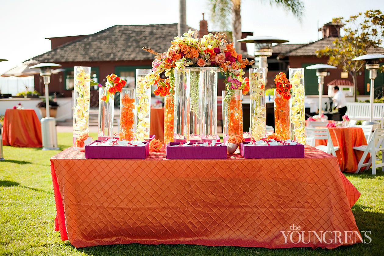 Hotel Del Coronado wedding, Crown Room reception at the Hotel Del Coronado, Windsor Lawn wedding at the Hotel Del Coronado, Karen Tran reception, Karen Tran wedding, Emily Smiley wedding, orange flower wedding, teal wedding, ballroom wedding, Platinum Pro dance floor, wedding with lounge furniture, wedding with sushi, Fab Cakes wedding