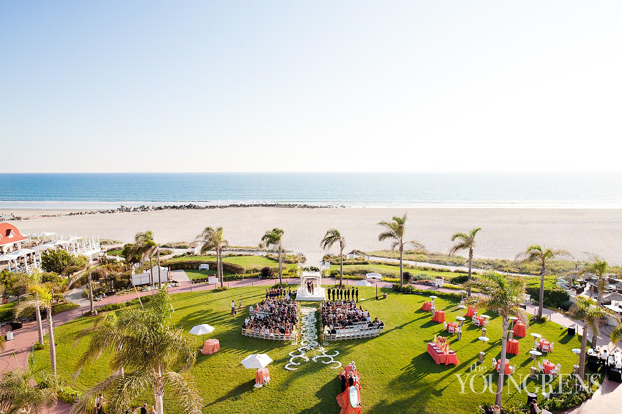 Hotel Del Coronado wedding, Crown Room reception at the Hotel Del Coronado, Windsor Lawn wedding at the Hotel Del Coronado, Karen Tran reception, Karen Tran wedding, Emily Smiley wedding, orange flower wedding, teal wedding, ballroom wedding, Platinum Pro dance floor, wedding with lounge furniture, wedding with sushi, Fab Cakes wedding