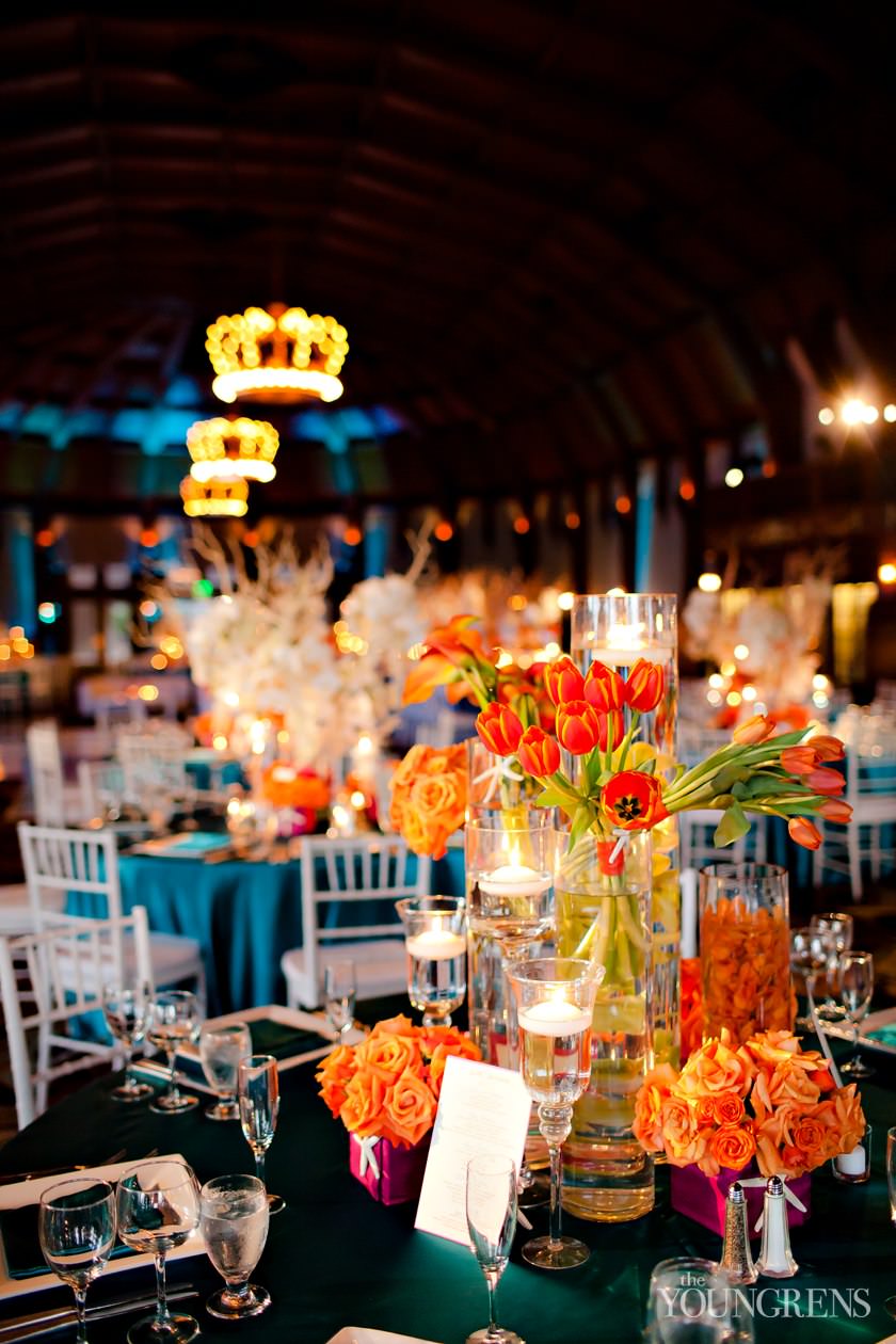 Hotel Del Coronado wedding, Crown Room reception at the Hotel Del Coronado, Windsor Lawn wedding at the Hotel Del Coronado, Karen Tran reception, Karen Tran wedding, Emily Smiley wedding, orange flower wedding, teal wedding, ballroom wedding, Platinum Pro dance floor, wedding with lounge furniture, wedding with sushi, Fab Cakes wedding