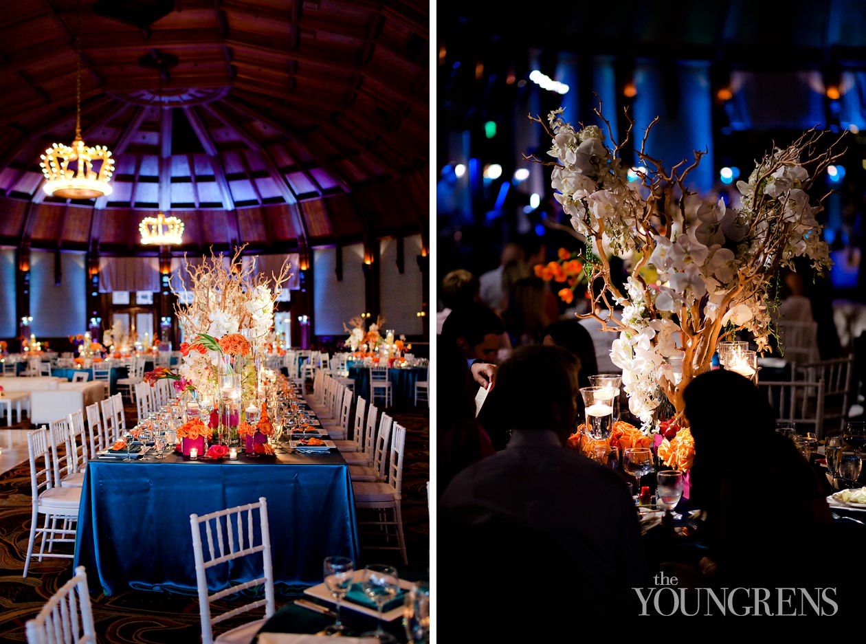 Hotel Del Coronado wedding, Crown Room reception at the Hotel Del Coronado, Windsor Lawn wedding at the Hotel Del Coronado, Karen Tran reception, Karen Tran wedding, Emily Smiley wedding, orange flower wedding, teal wedding, ballroom wedding, Platinum Pro dance floor, wedding with lounge furniture, wedding with sushi, Fab Cakes wedding