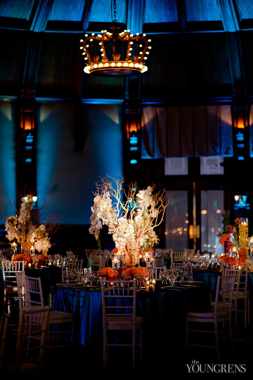 Hotel Del Coronado wedding, Crown Room reception at the Hotel Del Coronado, Windsor Lawn wedding at the Hotel Del Coronado, Karen Tran reception, Karen Tran wedding, Emily Smiley wedding, orange flower wedding, teal wedding, ballroom wedding, Platinum Pro dance floor, wedding with lounge furniture, wedding with sushi, Fab Cakes wedding