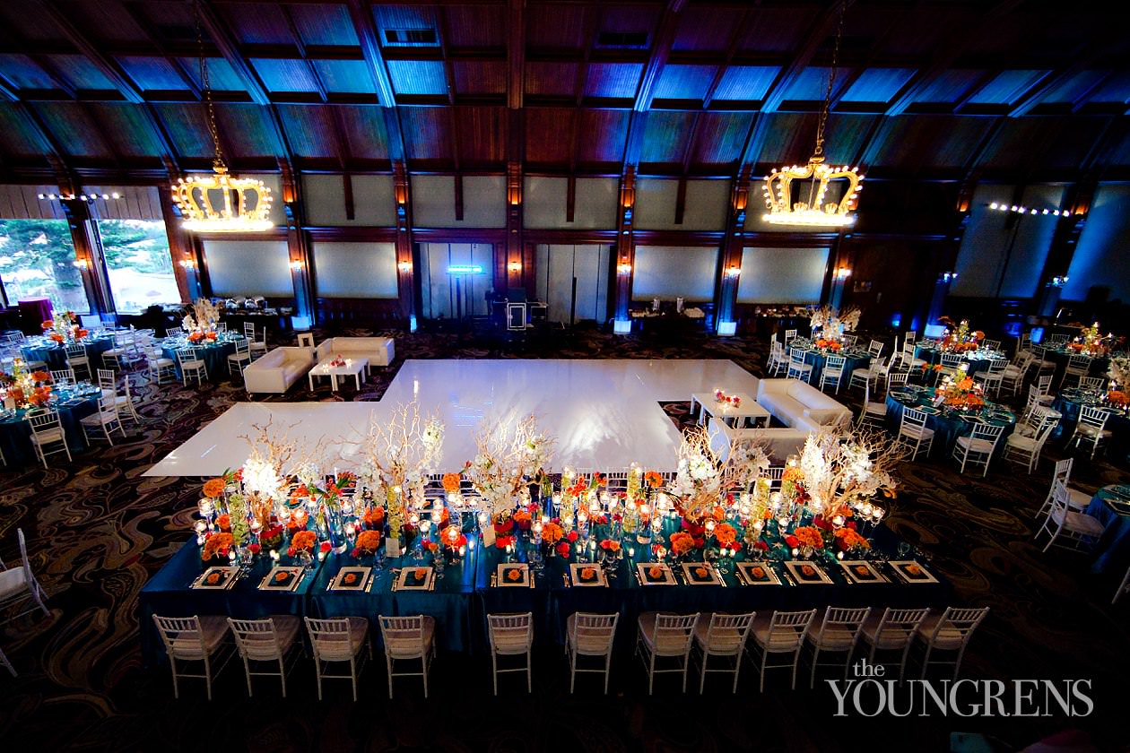 Hotel Del Coronado wedding, Crown Room reception at the Hotel Del Coronado, Windsor Lawn wedding at the Hotel Del Coronado, Karen Tran reception, Karen Tran wedding, Emily Smiley wedding, orange flower wedding, teal wedding, ballroom wedding, Platinum Pro dance floor, wedding with lounge furniture, wedding with sushi, Fab Cakes wedding