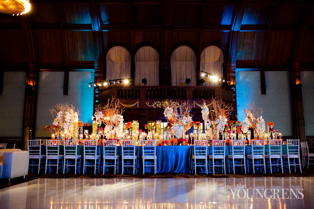 Hotel Del Coronado wedding, Crown Room reception at the Hotel Del Coronado, Windsor Lawn wedding at the Hotel Del Coronado, Karen Tran reception, Karen Tran wedding, Emily Smiley wedding, orange flower wedding, teal wedding, ballroom wedding, Platinum Pro dance floor, wedding with lounge furniture, wedding with sushi, Fab Cakes wedding