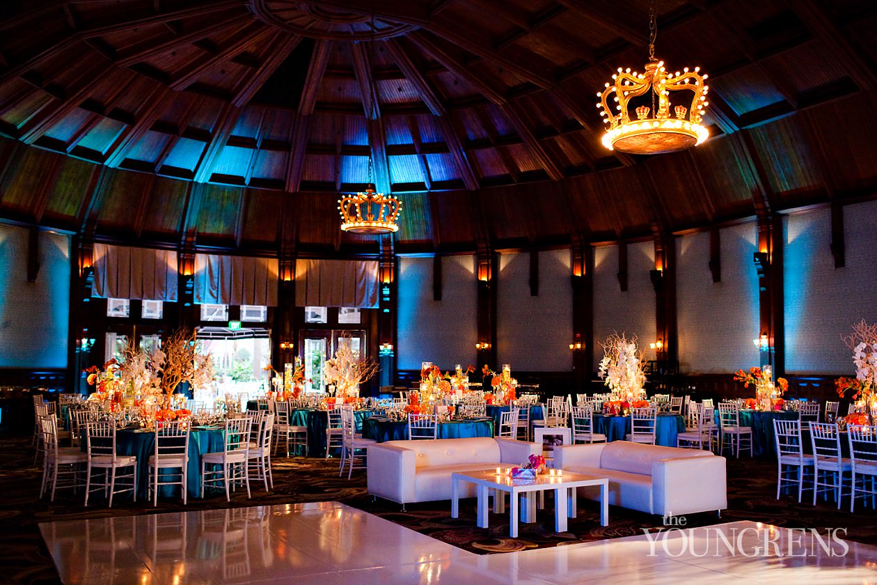 Hotel Del Coronado wedding, Crown Room reception at the Hotel Del Coronado, Windsor Lawn wedding at the Hotel Del Coronado, Karen Tran reception, Karen Tran wedding, Emily Smiley wedding, orange flower wedding, teal wedding, ballroom wedding, Platinum Pro dance floor, wedding with lounge furniture, wedding with sushi, Fab Cakes wedding