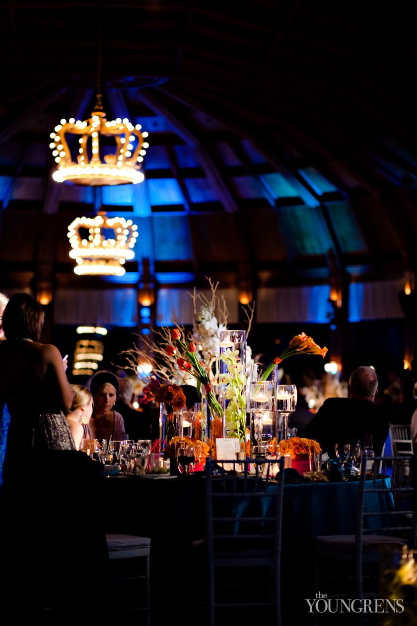 Hotel Del Coronado wedding, Crown Room reception at the Hotel Del Coronado, Windsor Lawn wedding at the Hotel Del Coronado, Karen Tran reception, Karen Tran wedding, Emily Smiley wedding, orange flower wedding, teal wedding, ballroom wedding, Platinum Pro dance floor, wedding with lounge furniture, wedding with sushi, Fab Cakes wedding