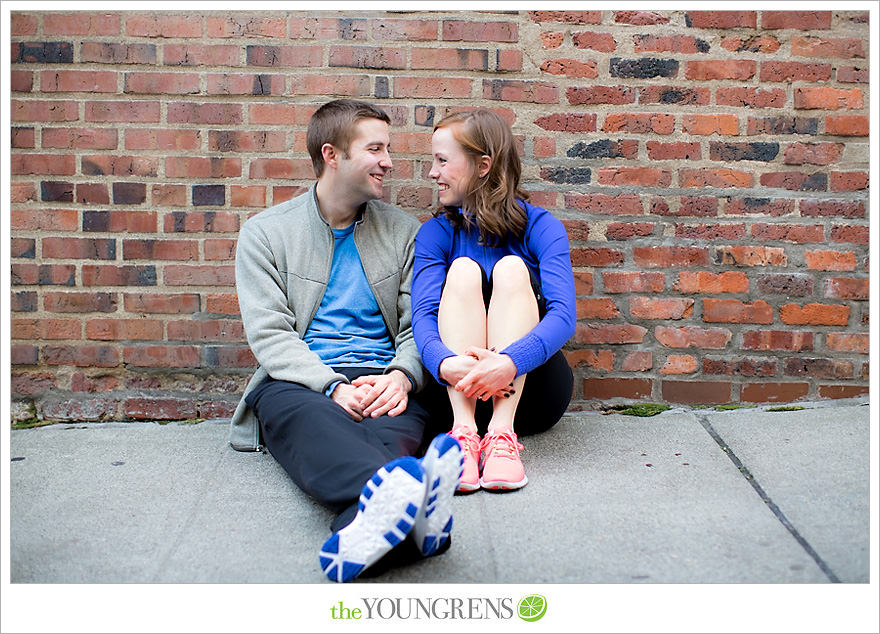 Seattle engagement, athletic, outdoors, urban, city, rain, clouds, Pike Place, water, boats, 