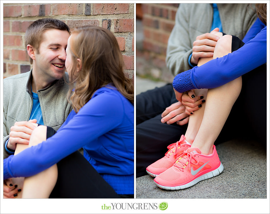 Seattle engagement, athletic, outdoors, urban, city, rain, clouds, Pike Place, water, boats, 