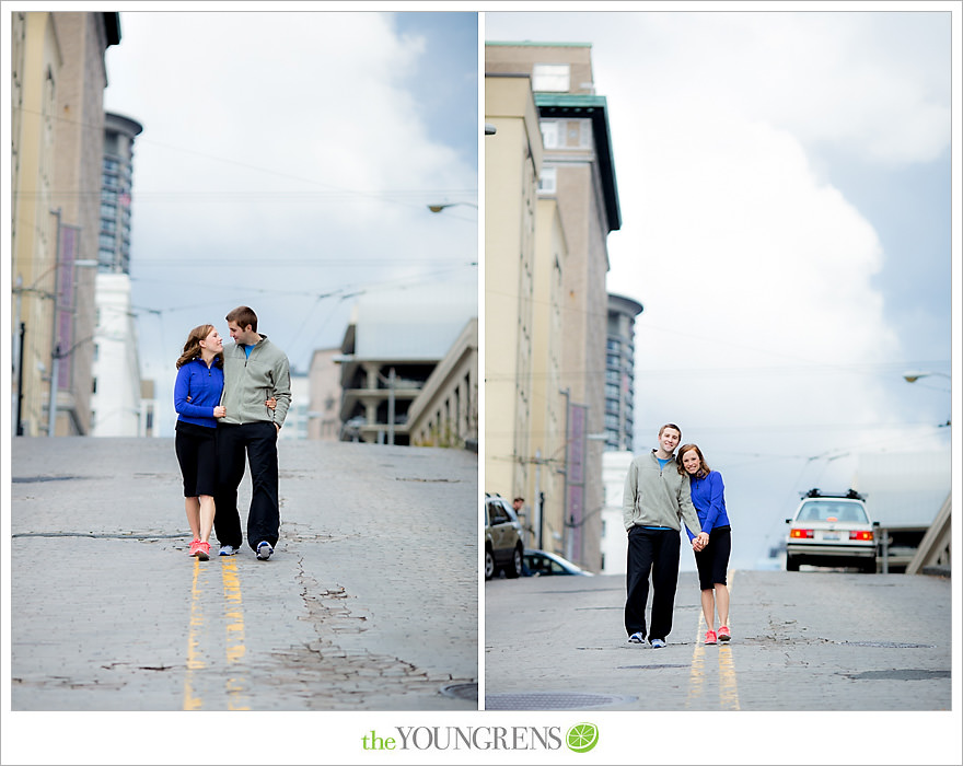 Seattle engagement, athletic, outdoors, urban, city, rain, clouds, Pike Place, water, boats, 