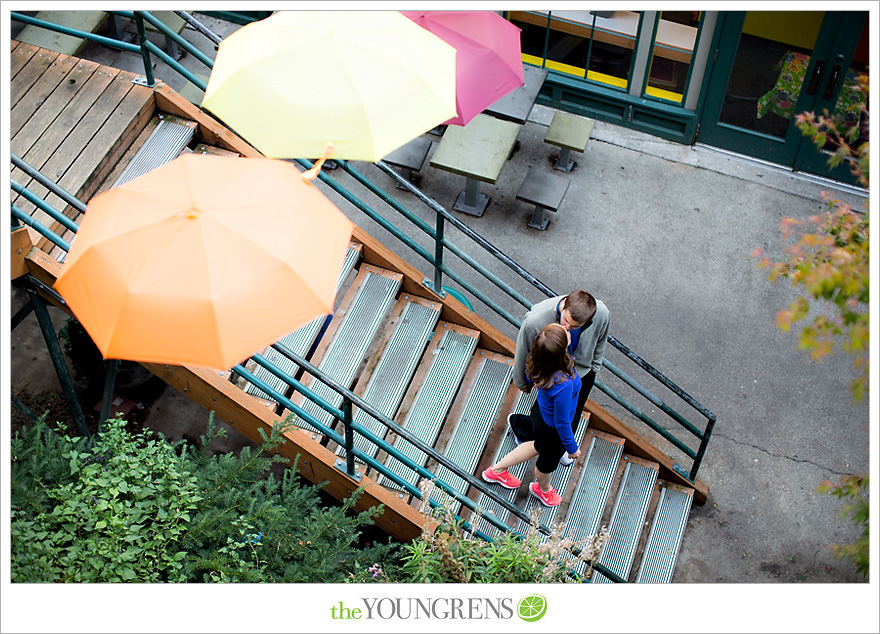 Seattle engagement, athletic, outdoors, urban, city, rain, clouds, Pike Place, water, boats, 