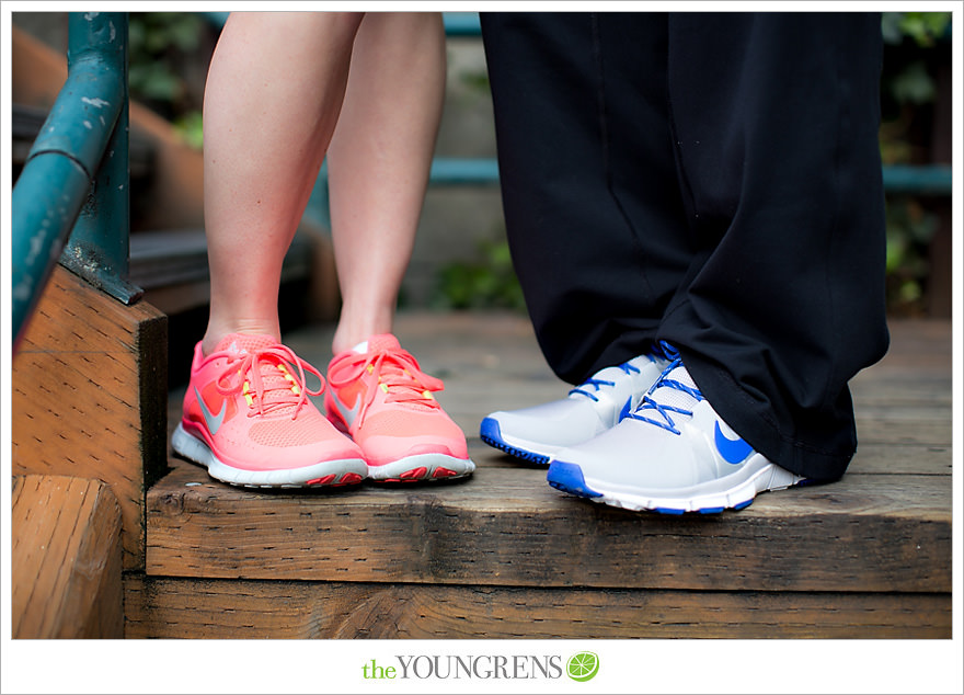 Seattle engagement, athletic, outdoors, urban, city, rain, clouds, Pike Place, water, boats, 