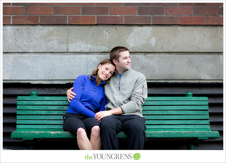 Seattle engagement, athletic, outdoors, urban, city, rain, clouds, Pike Place, water, boats, 