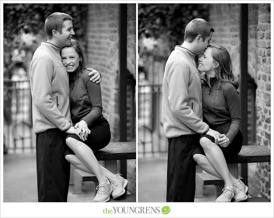 Seattle engagement, athletic, outdoors, urban, city, rain, clouds, Pike Place, water, boats, 