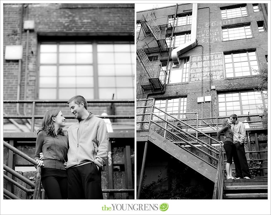 Seattle engagement, athletic, outdoors, urban, city, rain, clouds, Pike Place, water, boats, 