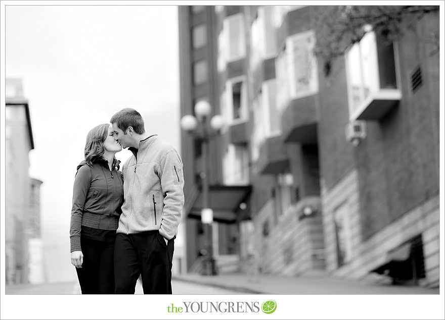 Seattle engagement, athletic, outdoors, urban, city, rain, clouds, Pike Place, water, boats, 