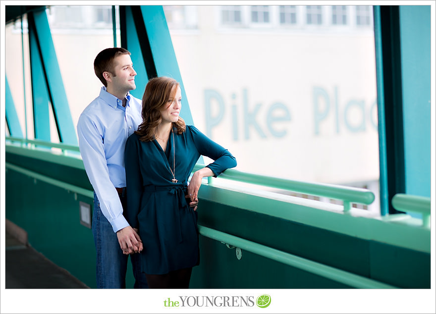 Seattle engagement, athletic, outdoors, urban, city, rain, clouds, Pike Place, water, boats, 