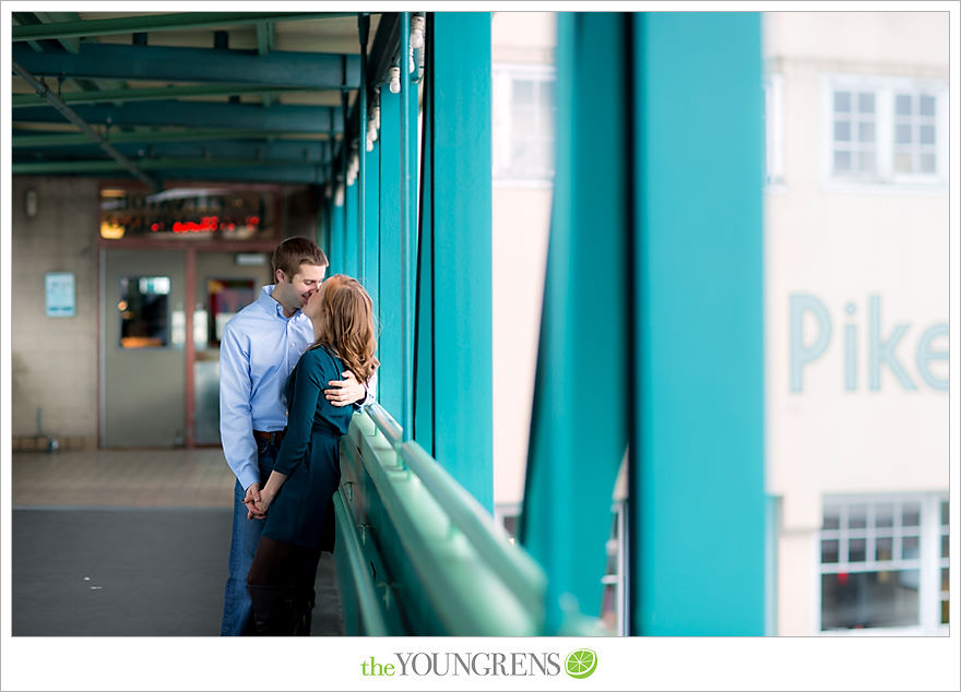 Seattle engagement, athletic, outdoors, urban, city, rain, clouds, Pike Place, water, boats, 