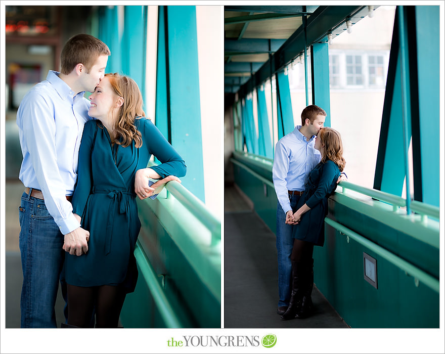 Seattle engagement, athletic, outdoors, urban, city, rain, clouds, Pike Place, water, boats, 