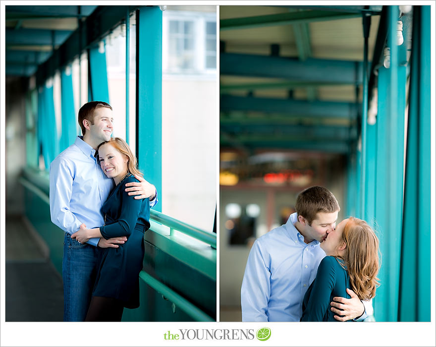 Seattle engagement, athletic, outdoors, urban, city, rain, clouds, Pike Place, water, boats, 