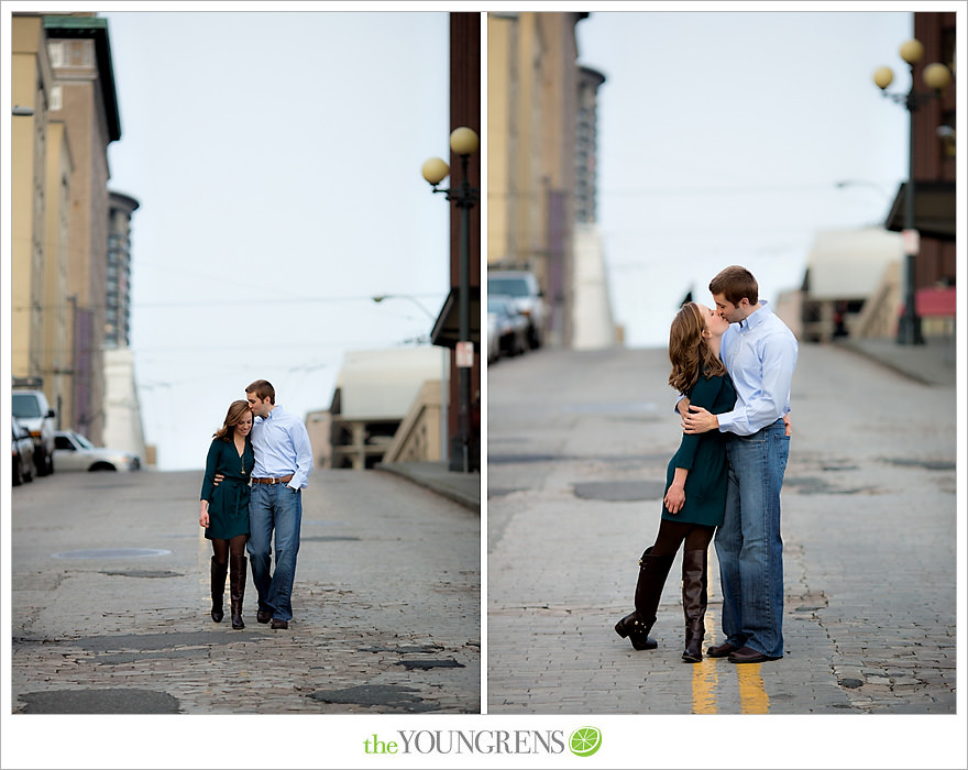 Seattle engagement, athletic, outdoors, urban, city, rain, clouds, Pike Place, water, boats, 