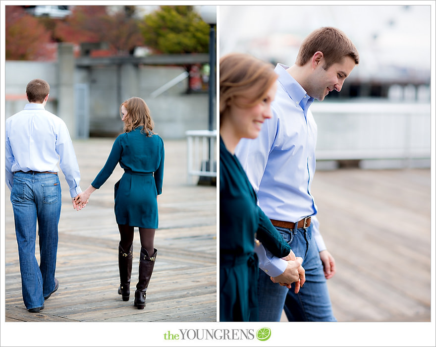 Seattle engagement, athletic, outdoors, urban, city, rain, clouds, Pike Place, water, boats, 