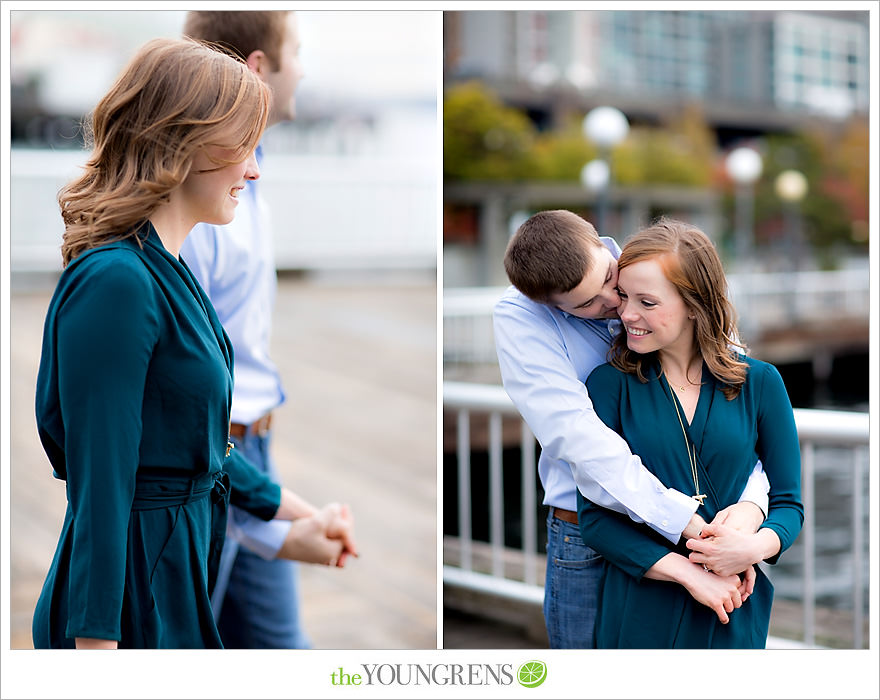 Seattle engagement, athletic, outdoors, urban, city, rain, clouds, Pike Place, water, boats, 