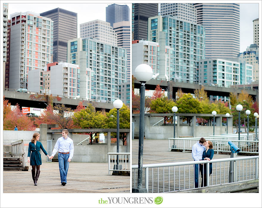 Seattle engagement, athletic, outdoors, urban, city, rain, clouds, Pike Place, water, boats, 