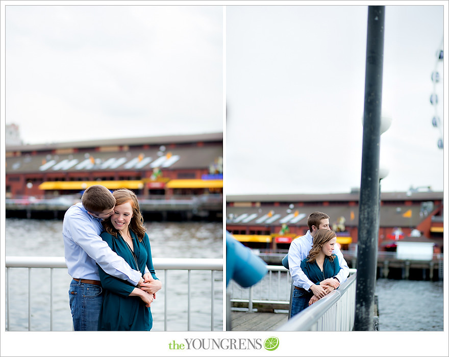 Seattle engagement, athletic, outdoors, urban, city, rain, clouds, Pike Place, water, boats, 