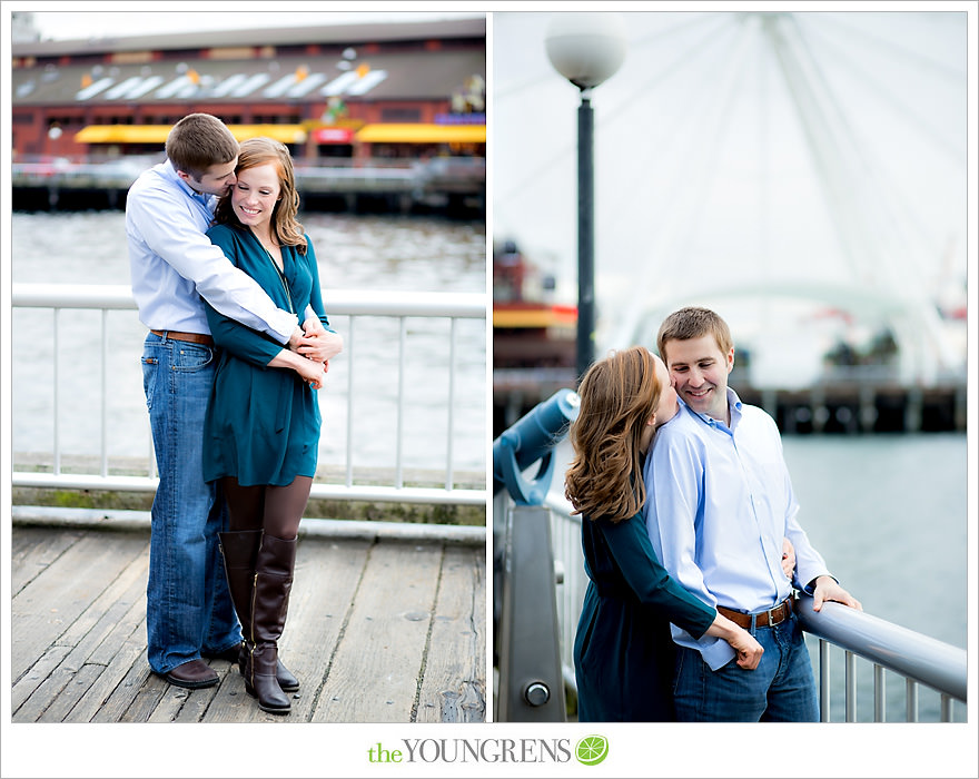 Seattle engagement, athletic, outdoors, urban, city, rain, clouds, Pike Place, water, boats, 