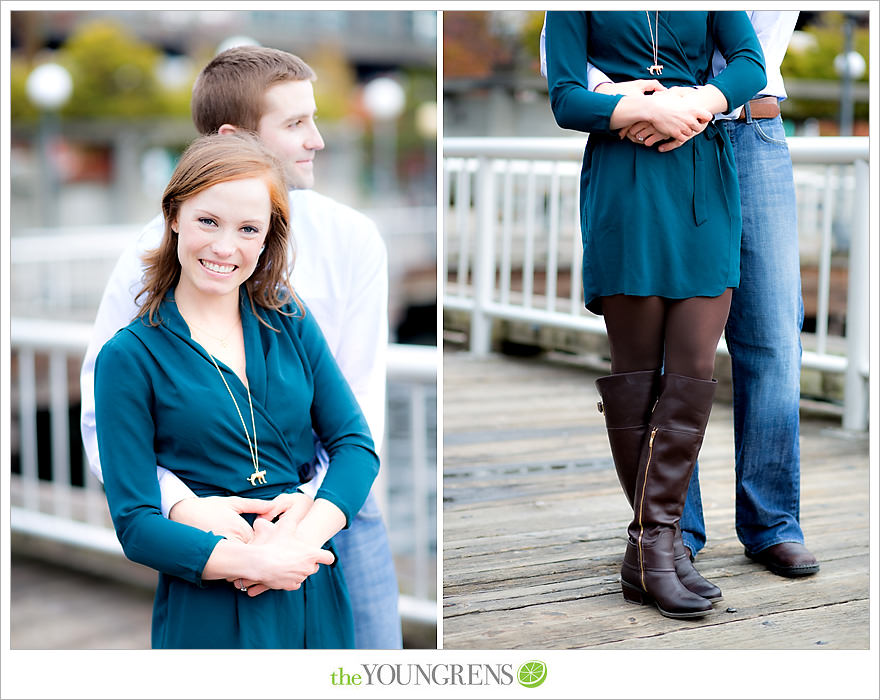 Seattle engagement, athletic, outdoors, urban, city, rain, clouds, Pike Place, water, boats, 