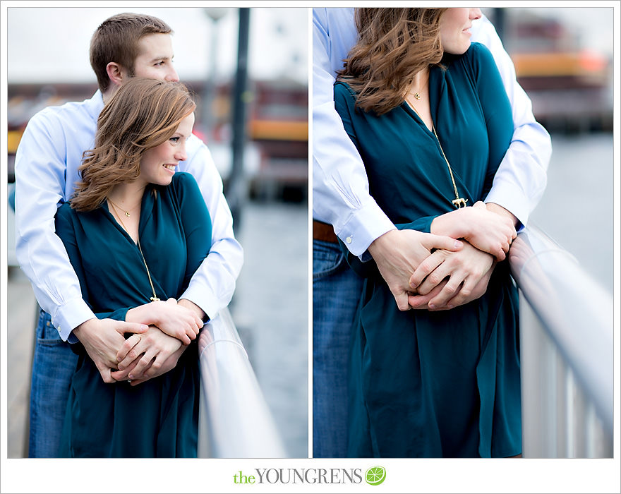 Seattle engagement, athletic, outdoors, urban, city, rain, clouds, Pike Place, water, boats, 