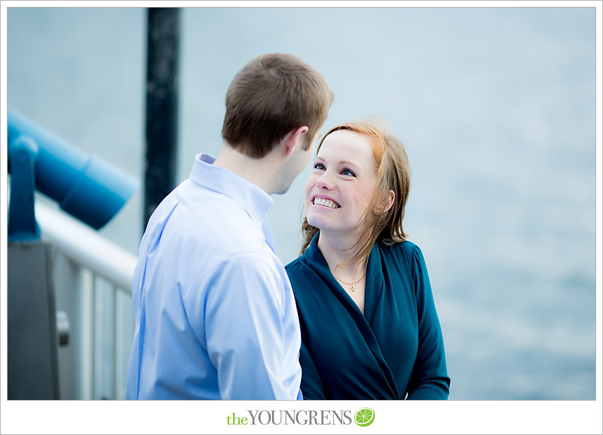 Seattle engagement, athletic, outdoors, urban, city, rain, clouds, Pike Place, water, boats, 