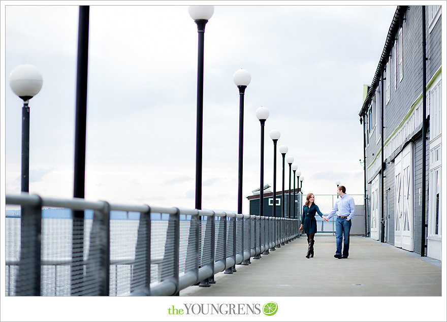 Seattle engagement, athletic, outdoors, urban, city, rain, clouds, Pike Place, water, boats, 