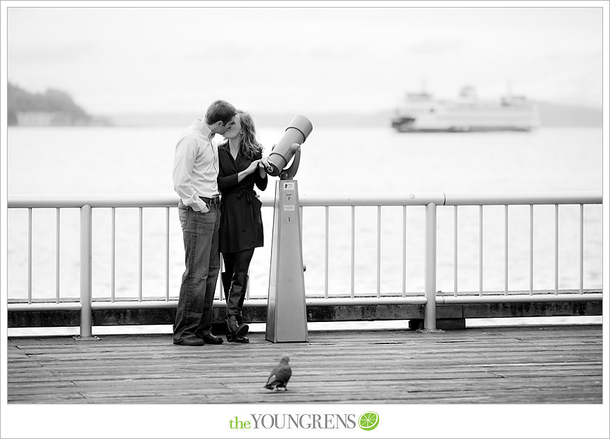Seattle engagement, athletic, outdoors, urban, city, rain, clouds, Pike Place, water, boats, 