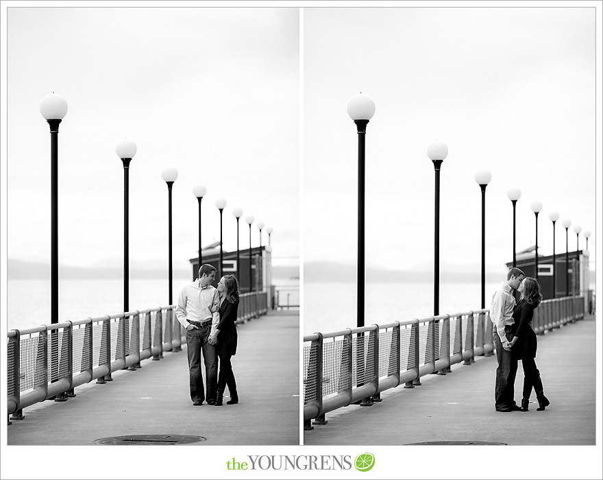 Seattle engagement, athletic, outdoors, urban, city, rain, clouds, Pike Place, water, boats, 