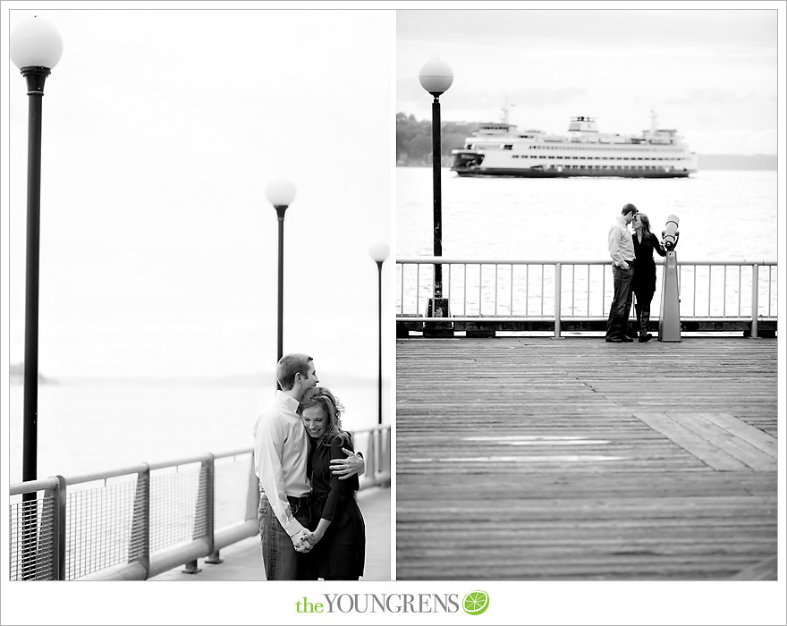 Seattle engagement, athletic, outdoors, urban, city, rain, clouds, Pike Place, water, boats, 