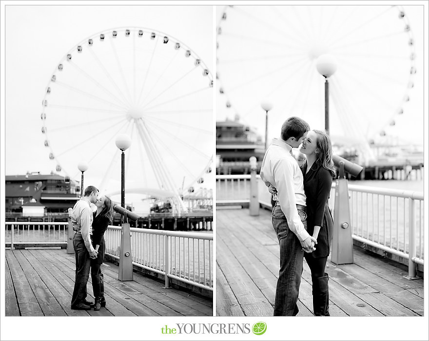 Seattle engagement, athletic, outdoors, urban, city, rain, clouds, Pike Place, water, boats, 