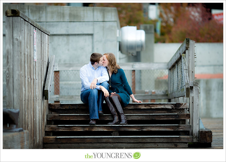 Seattle engagement, athletic, outdoors, urban, city, rain, clouds, Pike Place, water, boats, 