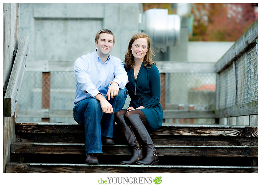 Seattle engagement, athletic, outdoors, urban, city, rain, clouds, Pike Place, water, boats, 