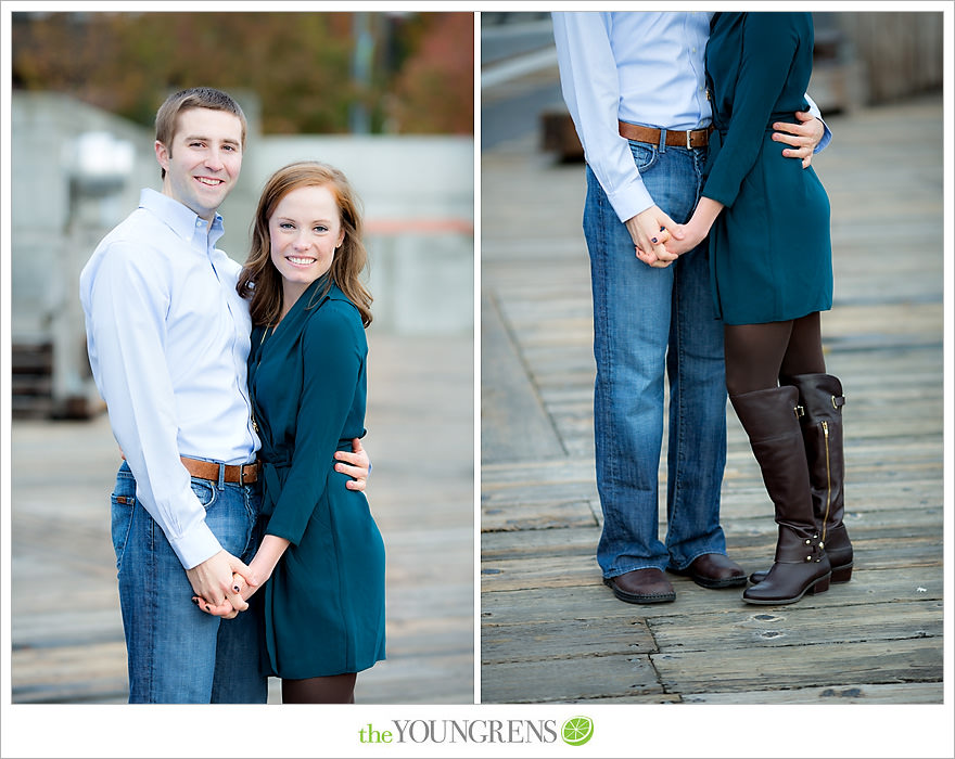 Seattle engagement, athletic, outdoors, urban, city, rain, clouds, Pike Place, water, boats, 