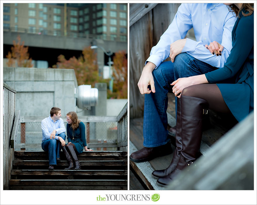 Seattle engagement, athletic, outdoors, urban, city, rain, clouds, Pike Place, water, boats, 