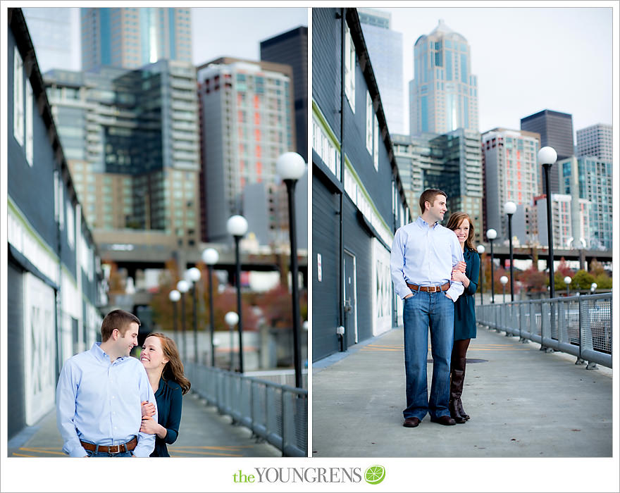 Seattle engagement, athletic, outdoors, urban, city, rain, clouds, Pike Place, water, boats, 